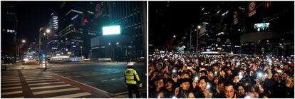 Estas dos imágenes comparan las personas que asistieron a una celebración del Año Nuevo el 31 de diciembre de 2019 (derecha) y a un policía parado frente a un paso de cebra el último día de 2020, en Seúl (Corea del Sur).