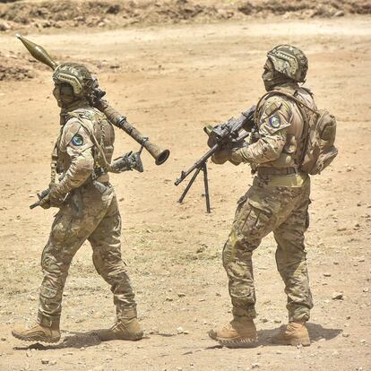 Lebanese Hezbollah fighters are taking part in cross-border raids, part of a large-scale military exercise, in Aaramta bordering Israel on May 21, 2023 ahead of the anniversary of Israel's withdrawal from southern Lebanon in 2000. (Photo by Fadel Itani/NurPhoto via Getty Images)