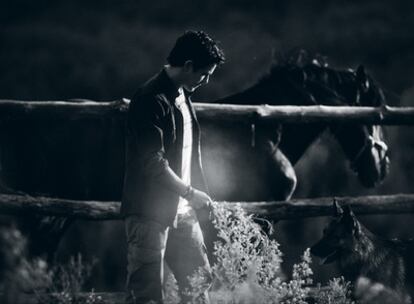 Alejandro Sanz, con sus dos caballos en su finca de la Vera