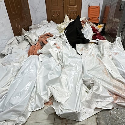 Dead bodies lie at Nasser hospital following Israeli strikes in Khan Younis in southern Gaza on March 18, 2025.