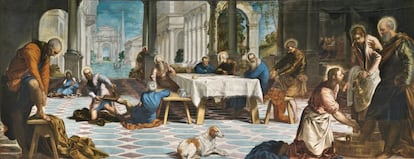 'El Lavatorio' (1547), de Tintoretto. Según la Teoría de la Relatividad Especial, al movernos a altas velocidades (velocidades relativistas) el tiempo se ralentiza y las longitudes se acortan. “Lo alucinante del cuadro de Tintoretto es que al caminar paralelamente a él, también vemos como la longitudes de los objetos se acortan, como se aprecia en la anchura de la mesa donde están los apóstoles; lo mismo ocurre con las baldosas”.