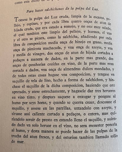 Receta de salchichones de pescado de "El Libro del Arte de Cozina" (1599) de Diego Granado. J.C.CAPEL