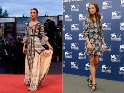 Alicia Vikander, otra de las protagonistas de The Danish Girl, piso la alfombra roja con un vestido de estilo victoriano con gran escote en V. Para la rueda de prensa durante el día, eligió un vestido corto estampado de Louis Vuitton.