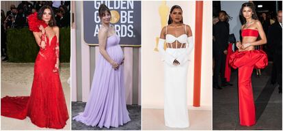 De izquierda a derecha, la modelo Emily Ratajkowsk, en la gala del Met 2021; la actriz Kaley Cuoco, en los últimos Globos de Oro; la intérprete Mindy Kaling en la pasada ceremonia de los Oscar; y la actriz Zendaya, en los premios CFDA de 2021. Cuatro 'celebrities' que eligieron propuestas de Vera Wang para la alfombra roja.