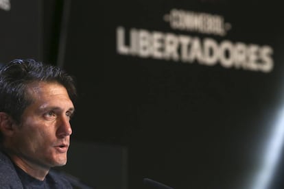 Guillermo Barros Schelotto, durante la rueda de prensa en Madrid.  