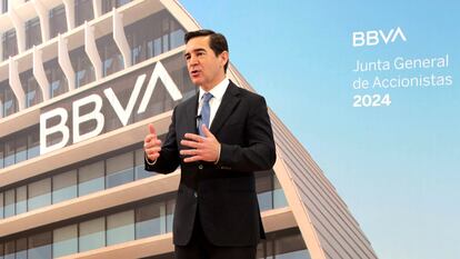 Carlos Torre Vila presidente del BBVA, durante la junta de accionistas del banco el pasado 15 de marzo en Bilbao.