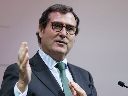 El presidente de la CEOE, Antonio Garamendi, en un acto este lunes en Madrid.