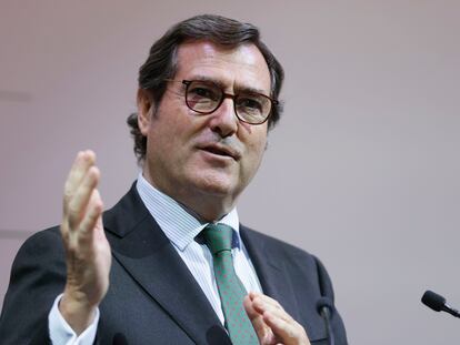 El presidente de la CEOE, Antonio Garamendi, en un acto este lunes en Madrid.