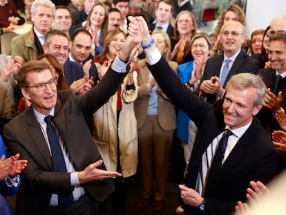 Alberto Núñez Feijóo y Alfonso Rueda celebraban el día 19 los resultados de las elecciones gallegas en la sede del PP en Madrid.