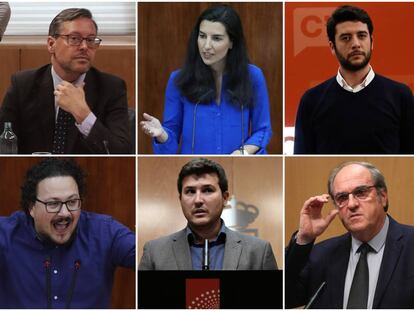 De izquierda a derecha y de arriba a abajo, Alfonso Serrano (PP), Rocío Monasterio (Vox), César Zafra (Cs), Jacinto Morano (Unidas Podemos IU Madrid en Pie), Pablo Gómez Perpinyà (Más Madrid) y Ángel Gabilondo (PSOE).