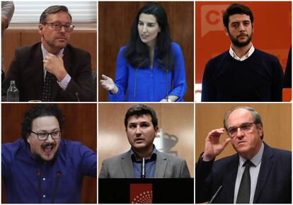 De izquierda a derecha y de arriba a abajo, Alfonso Serrano (PP), Rocío Monasterio (Vox), César Zafra (Cs), Jacinto Morano (Unidas Podemos IU Madrid en Pie), Pablo Gómez Perpinyà (Más Madrid) y Ángel Gabilondo (PSOE).