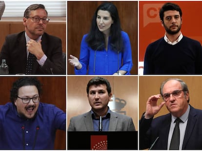 De izquierda a derecha y de arriba a abajo, Alfonso Serrano (PP), Rocío Monasterio (Vox), César Zafra (Cs), Jacinto Morano (Unidas Podemos IU Madrid en Pie), Pablo Gómez Perpinyà (Más Madrid) y Ángel Gabilondo (PSOE).