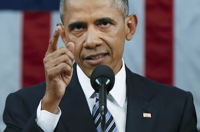 El presidente de Estados Unidos, Barack Obama, en su discurso del Estado de la Unión en la sesión conjunta del Congreso y el Senado en Washington.