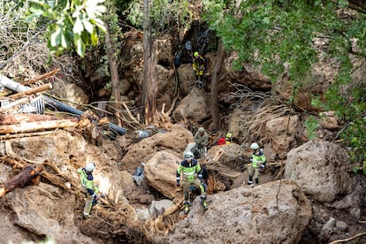 Personal de emergencias busca a los desaparecidos en la localidad albaceteña de Letur, este miércoles. 