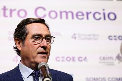 El presidente de CEOE, Antonio Garamendi, durante el cuarto Encuentro Comercio este martes en Madrid.