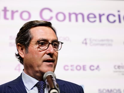 El presidente de CEOE, Antonio Garamendi, durante el cuarto Encuentro Comercio este martes en Madrid.