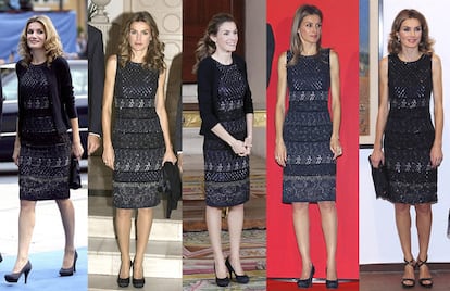 La princesa Letizia, en una serie de imágenes en las ocasiones en las que ha lucido el mismo modelo. <a href="http://www.elpais.com/fotografia/gente/tv/Letizia/repite/negro/elpepugen/20111017elpepuage_7/Ies/" target="_blank">Ampliar imagen</a>.