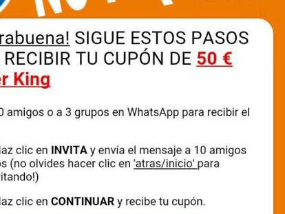 50 euros de regalo en Burguer King vía WhatsApp, la estafa de moda