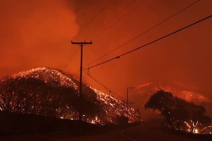 Fuego en las inmediaciones del lago Hughes, California, donde unas mil personas han sido evacuadas de sus casas.