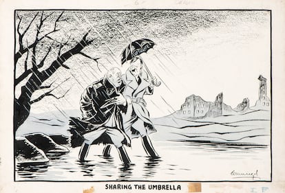 'Sharing umbrellas [German air forces],' 1943. Later published in 'According to Plan.' The two founding Axis dictators, Hitler and Mussolini, try to weather the storm of Allied attacks with an umbrella as the water level begins to rise.