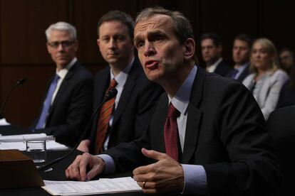 Testifying before the Senate Intelligence Committee, from left to right: Vice-president and legal representative for Facebook, Colin Stretch; Twitter representative, Sean Edgett; and Google representative, Kent Walker.