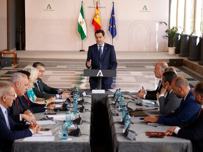 El presidente de la Junta de Andalucía, Juan Manuel Moreno, esta tarde en el Palacio de San Telmo, durante una reunión con alcaldes del Campo de Gibraltar.
