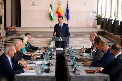 El presidente de la Junta de Andalucía, Juan Manuel Moreno, esta tarde en el Palacio de San Telmo, durante una reunión con alcaldes del Campo de Gibraltar.