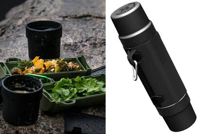 Fabricado con plástico reciclable, este termo estanco se desmonta en cuatro piezas (dos platos y dos tazas) y permite llevar al campo tanto bebidas calientes como alimentos cocinados. Precio: 32 euros. mygreentraveler.com