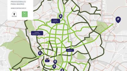 Mapa de vías ciclistas provisionales propuesto por Pedalibre al Ayuntamiento de Madrid. 