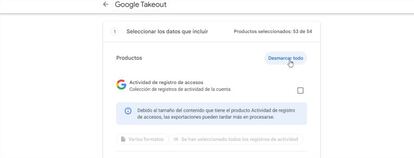 Interfaz de Google Takeout