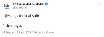 Captura del tuit de PP Madrid que posteriormente borró. 