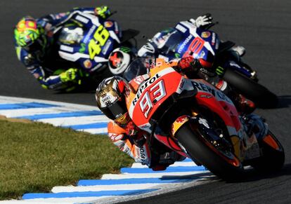 Los pilotos, Marc Marquez, Jorge Lorenzo y Valentino Rossi, durante el Gran Premio de Japón.