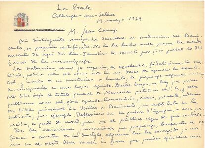 Fragmento de una carta inédita de Azaña dirigida a su traductor Jean Camp.