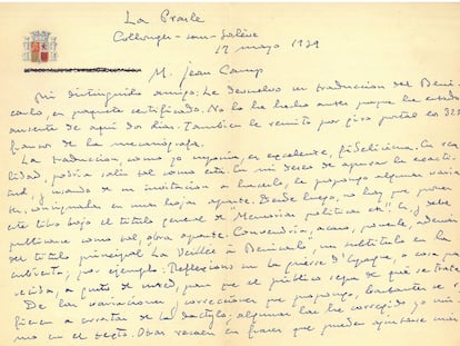 Fragmento de una carta inédita de Azaña dirigida a su traductor Jean Camp.