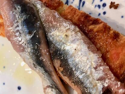 Anchoa del Cantábrico con pan y tomate.