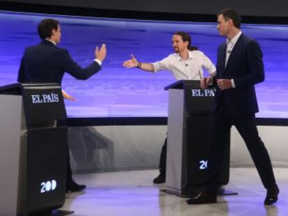 Albert Rivera, Pablo Iglesias y Pedro Sánchez, en el debate electoral organizado por EL PAÍS.