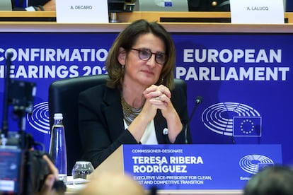 La ministra Teresa Ribera participa en la audiencia ante el Parlamento Europeo para confirmar su cargo como vicepresidenta para una Transición Limpia, Justa y Competitiva, este miércoles en Bruselas.