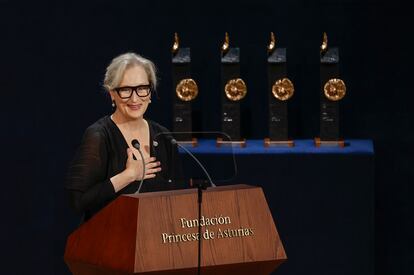 La actriz estadounidense Meryl Streep, premio Princesa de Asturias de las Artes, durante su discurso al recibir el galardón, este viernes.
