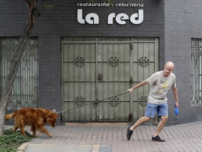 Un hombre pasea a su perro durante el confinamiento, en Lima (Perú).