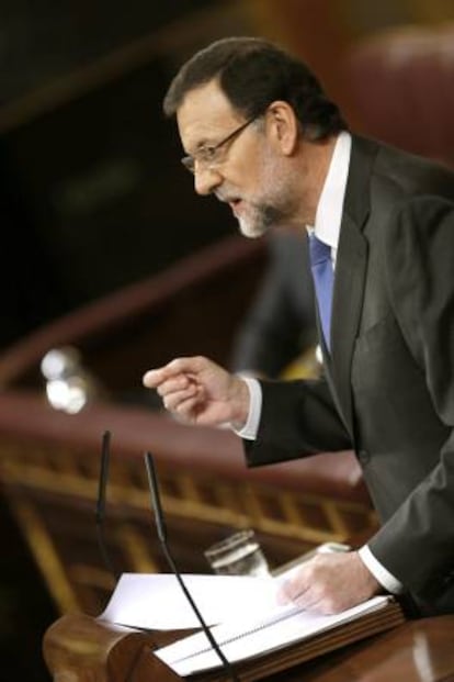 El presidente del Gobierno, Mariano Rajoy, durante su intervención en la segunda jornada del debate sobre el estado de la nación, hoy en el Congreso de los Diputados.