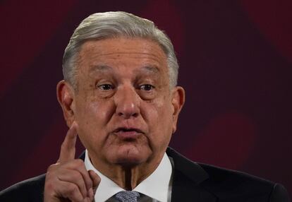 Mexican President Andres Manuel Lopez Obrador speaks during his regularly scheduled morning press conference at the National Palace in Mexico City, Feb. 28, 2023.