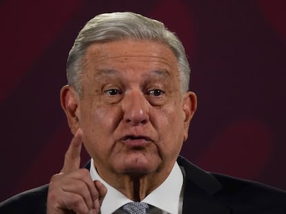 Mexican President Andres Manuel Lopez Obrador speaks during his regularly scheduled morning press conference at the National Palace in Mexico City, Feb. 28, 2023.