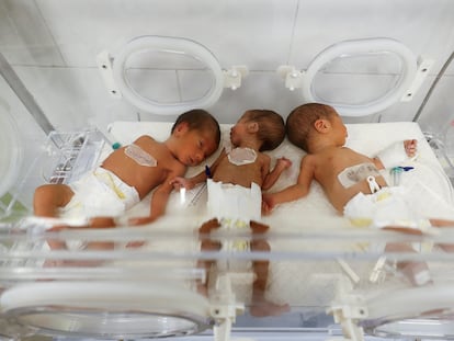 Tres recién nacidos palestinos, en una incubadora del hospital Al Emirati, en Rafah, en el sur de Gaza, el pasado 21 de abril.