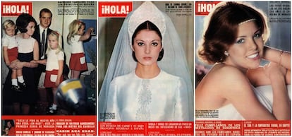 De izquierda a derecha, la Familia Real en una portada de 1969; Carmina Ordóñez, en la portada de su boda en febrero de 1973; y Carolina de Mónaco, en la portada de '¡Hola'! en enero de 1975.