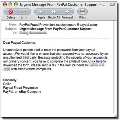 Correo electrónico enviado por estafadores en el que se pide a usuarios de un medio de pago a través de Internet que envíen por fax sus claves de acceso.