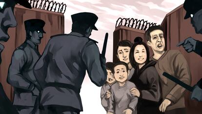 Ilustración de la historia de los hijos de Mihriban Kader, de la etnia uigur, que fueron internados en un 'campo para huérfanos' a pesar de que su madre está viva.