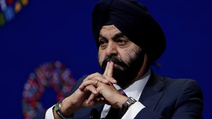 El presidente del Banco Mundial, Ajay Banga, durante una comparecencia en las reuniones de Marraquech.