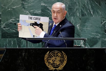 El primer ministro israelí, Benjamín Netanyahu, durante su intervención en la Asamblea General de la ONU.