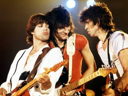 Mick Jagger, Ron Wood y Keith Richards en un concierto en Canadá, en 1979.