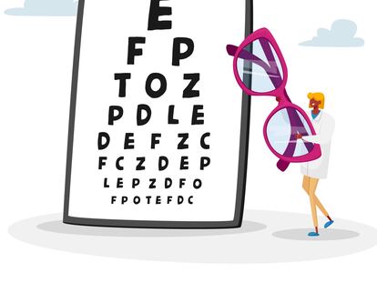 Tiny Female Doctor Character Carry Huge Eyeglasses front of Chart for Vision Checkup. Eyes Diseases Treatment and Diagnostics, Oculist Ophthalmologist Appointment Concept. Cartoon Vector Illustration